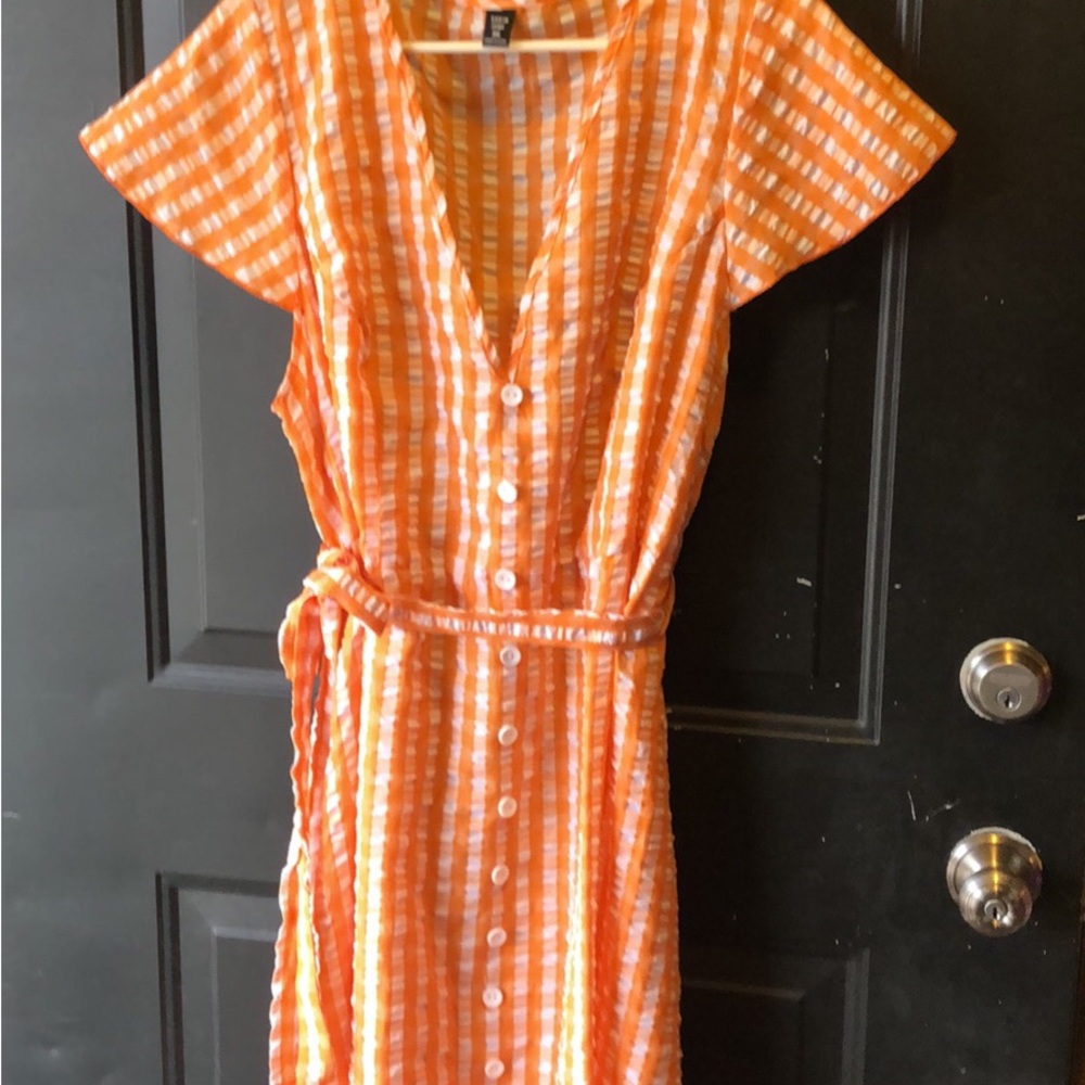 SHEIN Orange and White Wrap Midi Dress with Flutter Sleeves